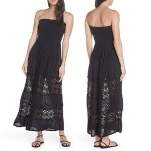 Chelsea 28 Farrah Smocked Cover-Up Black Strapless Crochet Maxi Dress Size M